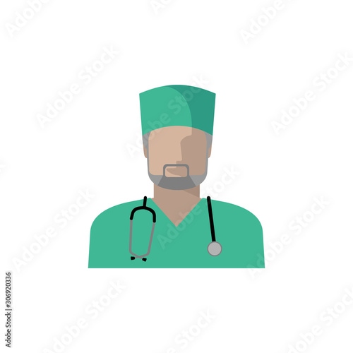 Vector medical doctor icon. Image of a male doctor, nurse or orderly with a stethoscope in a green uniform and headdress. Color Illustration, avatar in flat style