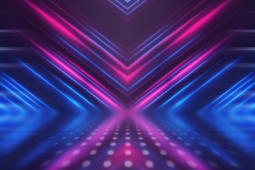 Empty background scene. Dark street reflection on wet asphalt. Rays of neon light in the dark, neon shapes, smoke. Background of an empty stage show. Abstract dark background.