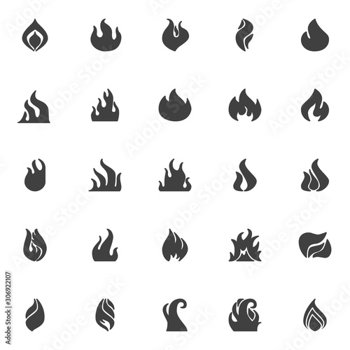Fototapeta Naklejka Na Ścianę i Meble -  Fire flame vector icons set, modern solid symbol collection, filled style pictogram pack. Signs, logo illustration. Set includes icons as burning fire, bonfire, flammable, blaze, fireball, torch light