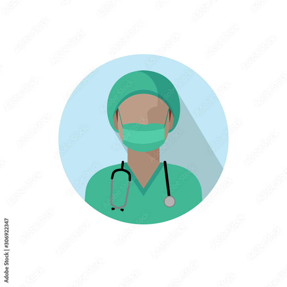 Vector doctor icon. Image of a female doctor, with a stethoscope, in medical uniform with a headdress and a gauze protective bandage on his face. Isolated color illustration, avatar of the doctor Vector doctor icon. Image of a female doctor, with a stethoscope, in medical uniform with a headdress and a gauze protective bandage on his face. Isolated color illustration, avatar of the doctor