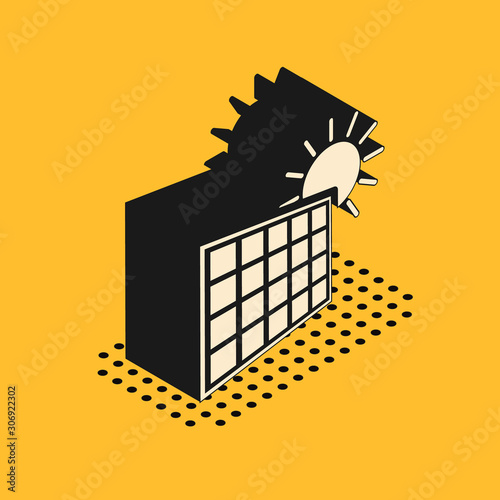 Isometric Solar energy panel and sun icon isolated on yellow background. Vector Illustration