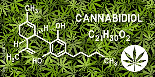Cannabidiol molecular structures on marijuana leaves background
