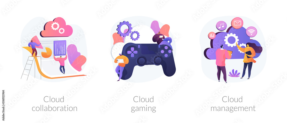 Computing technology. Internet of things. Cloud collaboration, cloud gaming, cloud management metaphors. Data centers available to many Internet users. Vector isolated concept metaphor illustrations