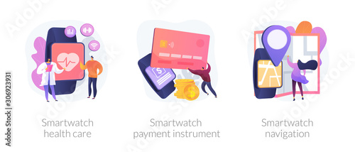Digital wristwatch function and applications use. Smartwatch health care, smartwatch payment instrument, smartwatch navigation metaphors. Vector isolated concept metaphor illustrations