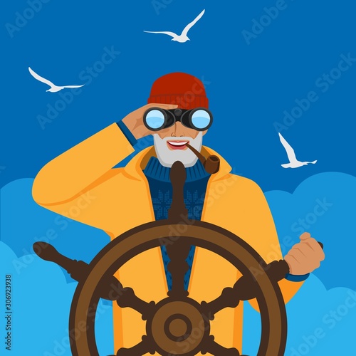 Fisherman looking through binoculars standing at helm of boat