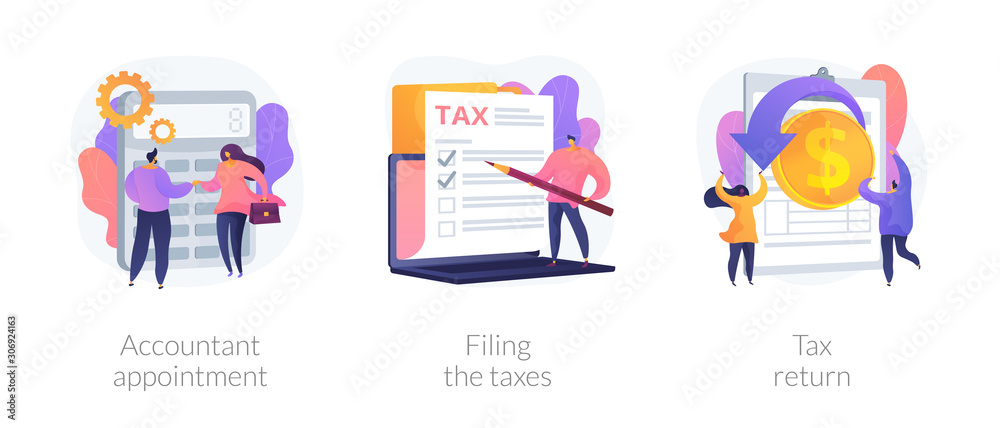 Financial documents and forms, paperwork. Accountant appointment, filing the taxes, tax return metaphors. Calculating obligatory payments. Vector isolated concept metaphor illustrations