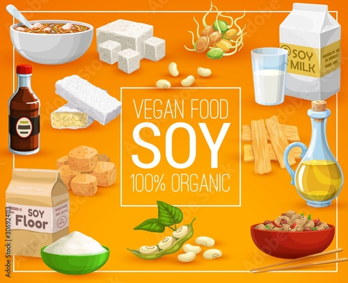 Soy food products, healthy nutrition and vegan eating. Vector organic 100 percent natural soy food, soybeans sprouts, milk, oil and butter or flour, tofu skin and curd cheese, vegan meat and sauce