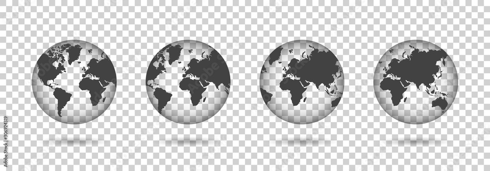 Naklejka Zestaw przezroczystych globusów. Przezroczysty styl ziemi. 3D ikona z zestawem przezroczystych globusów ziemi. Ilustracja wektorowa