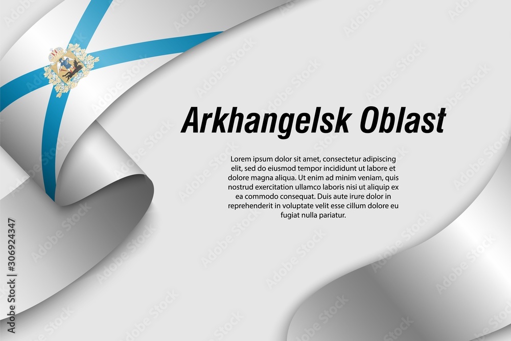Fototapeta premium Waving ribbon or banner with flag arkhangelsk oblast. Region of Russia