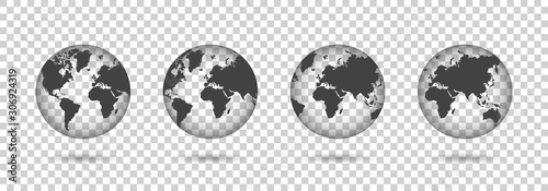 Set of transparent globes. Earth transparent style. 3d icon with set transparent globes earth. Vector illustration