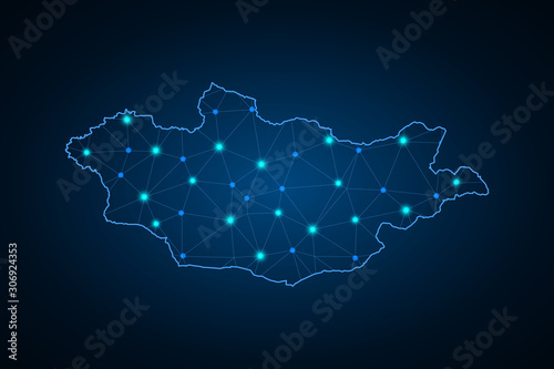 Map of Mongolia. Wire frame 3D mesh polygonal network line, design sphere, dot and structure. communications map of Mongolia. Vector Illustration EPS10. - Vector