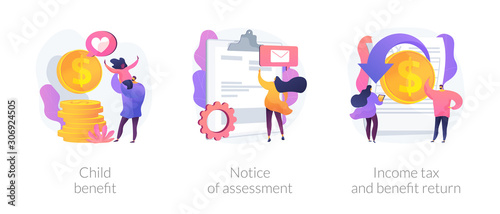 Taxation and assessment icons set. Child benefit, notice of assessment, income tax and benefit return metaphors. Social security payment. Vector isolated concept metaphor illustrations.