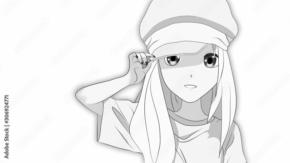 Anime Girl wearing a cap. Anime Character in clothes standing confidently  with a Smile it's Anime Manga girl in black and white Stock Illustration |  Adobe Stock