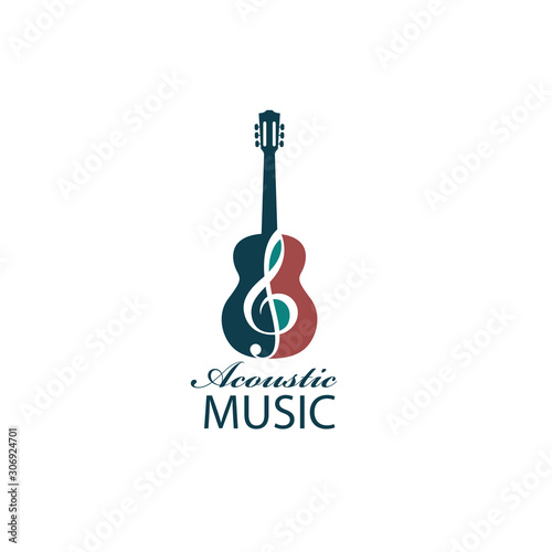 emblem with guitar for acoustic music concert isolated on white background