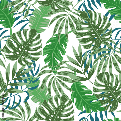 Tropical seamless pattern with leaves and plants. Vector background for various surface. Exotic wallpaper, Hawaiian style. Floral pattern. Jungle leaves. Trend vector design, beautiful print.
