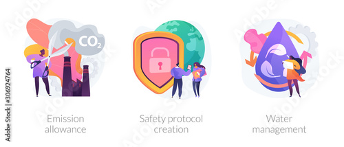 Controlling pollution icons set. Limiting pollutants into air, water and land. Emission allowance, safety protocol creation, water management metaphors. Vector isolated concept metaphor illustrations.