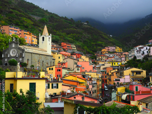 Landscape of the village of Riomaggiore in the province of La Spezia, Liguria, Italy. It belongs to the Cinque Terre National Park.