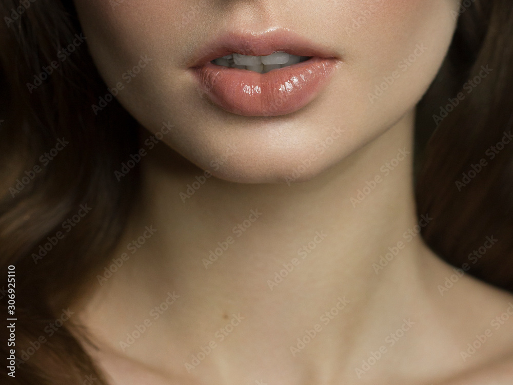 Sexual full lips. Natural gloss of lips and woman's skin. The mouth is closed. Increase in lips, cosmetology. Natural lips. Great summer mood with open eyes. fashion jewelry. Pink lip gloss Sexual full lips. Natural gloss of lips and woman's skin. The mouth is closed. Increase in lips, cosmetology. Natural lips. Great summer mood with open eyes. fashion jewelry. Pink lip gloss
