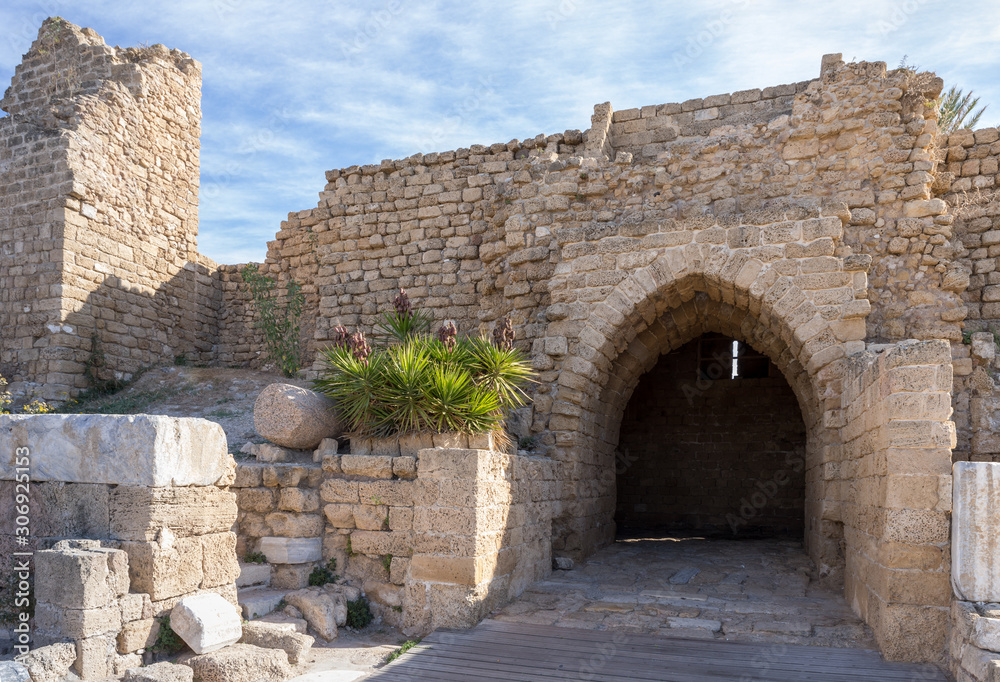 The main  entrance to the ruins of Caesarea fortress built by Herod the Great near the city of Caesarea, on the shores of the Mediterranean Sea, in northern Israel