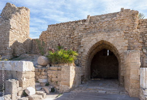 The main entrance to the ruins of Caesarea fortress built by Herod the Great near the city of Caesarea, on the shores of the Mediterranean Sea, in northern Israel