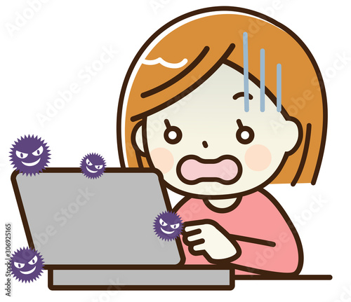 パソコンウイルスに驚く女性