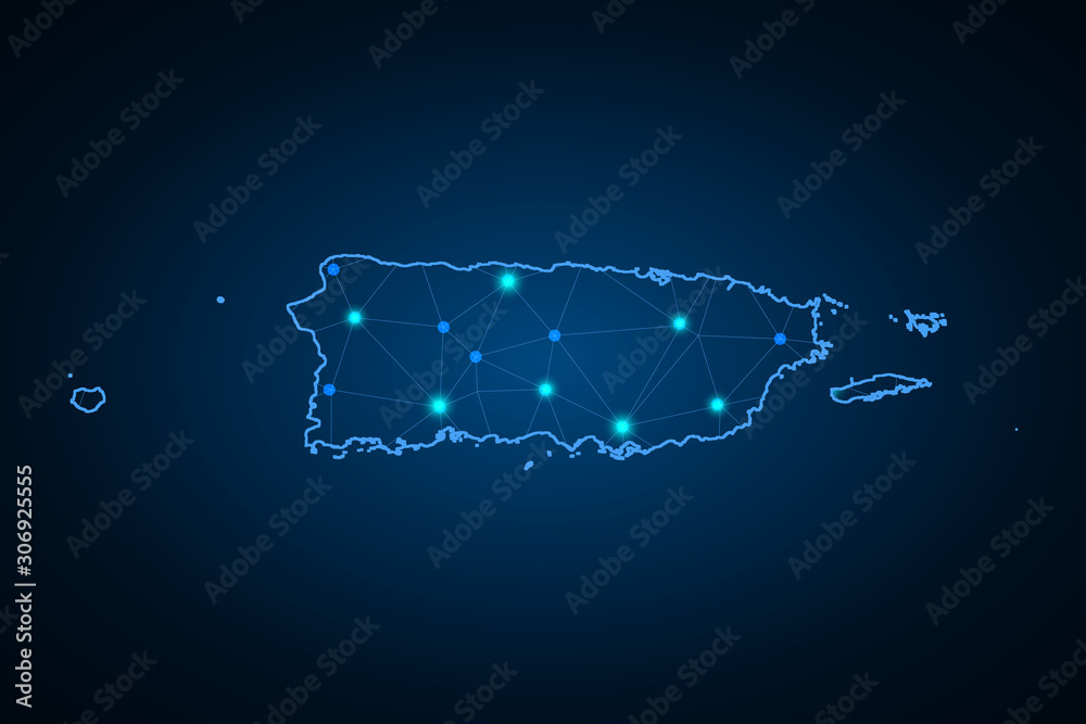 Map of Puerto Rico. Wire frame 3D mesh polygonal network line, design sphere, dot and structure. communications map of Puerto Rico. Vector Illustration EPS10. - Vector