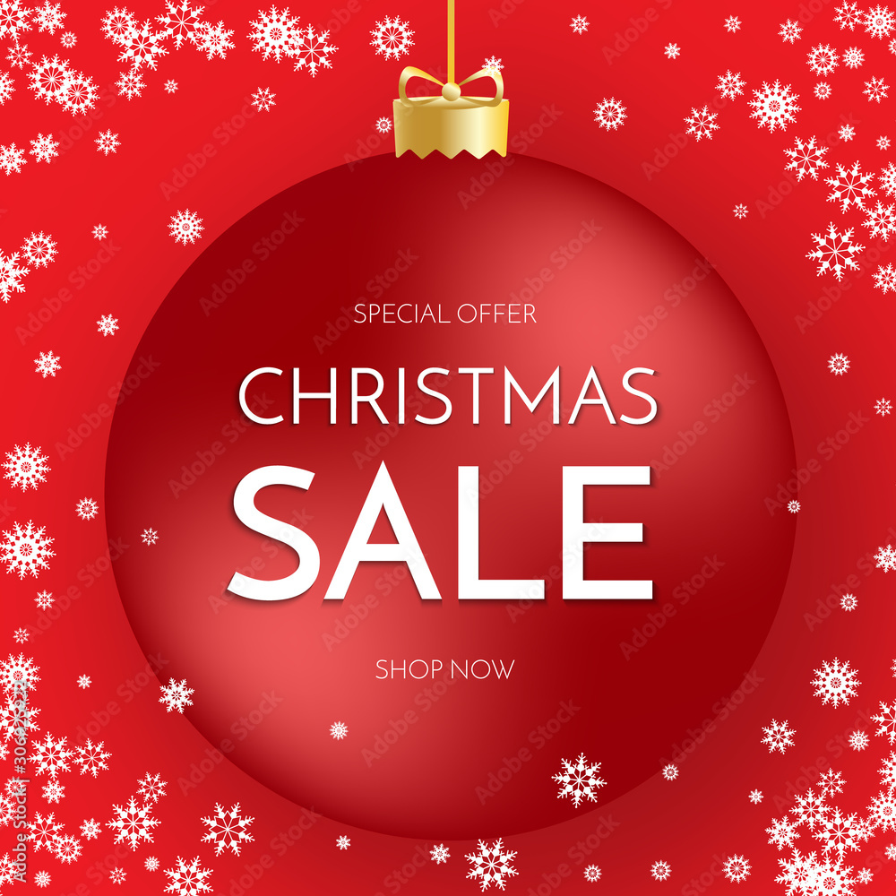 Christmas sale banner. Christmas Sale phrase on red christmas ball.