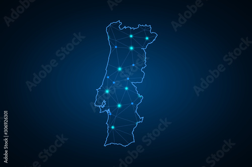 Map of Portugal. Wire frame 3D mesh polygonal network line, design sphere, dot and structure. communications map of Portugal. Vector Illustration EPS10. - Vector