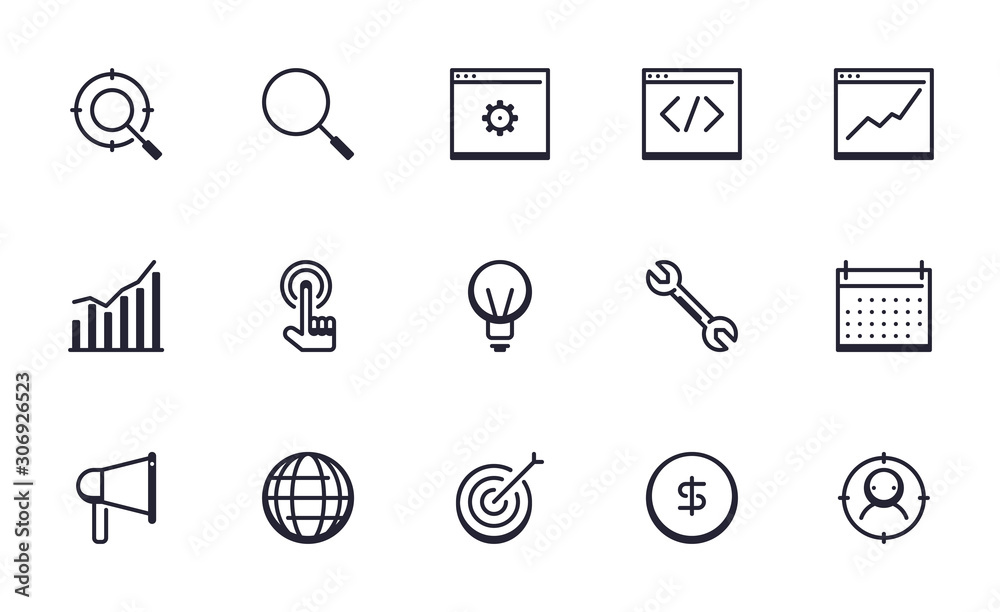 Fototapeta premium Set of SEO, Search engine optimize, Internet vector icon illustration