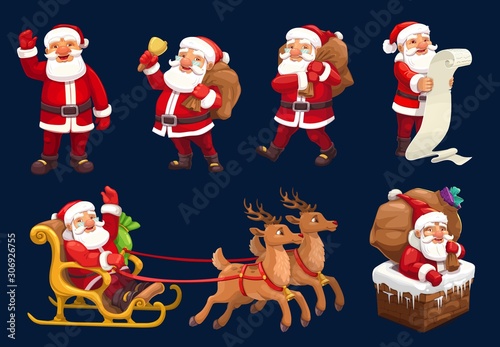 Santa Claus vector icons of Christmas and New Year design. Santa with Xmas gifts, bag and red hat, reindeer sleigh, bell and present boxes, fireplace chimney, deers, sledge and wish list letter scroll