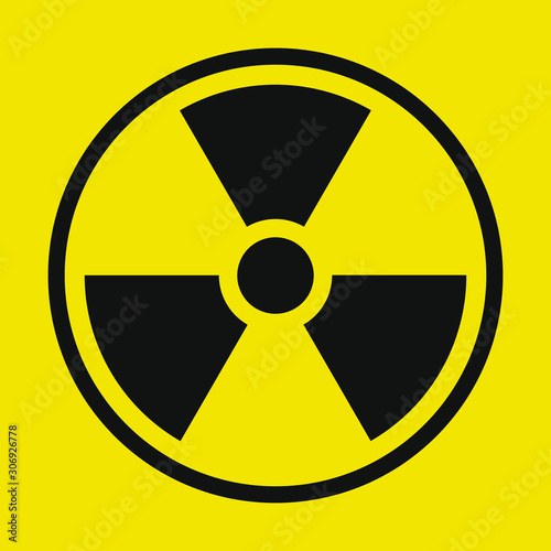 Yellow and black Radioactive radiation warning icon symbol shape. Atomic energy nuclear dangerous caution logo sign. Vector illustration image. Isolated on yellow background. 