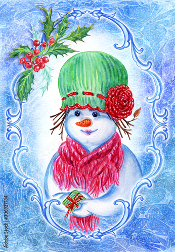 Snowman girl in a hat with a gift and Christmas holly in the frame, watercolor drawing, New Year illustration, postcard for the winter holidays.