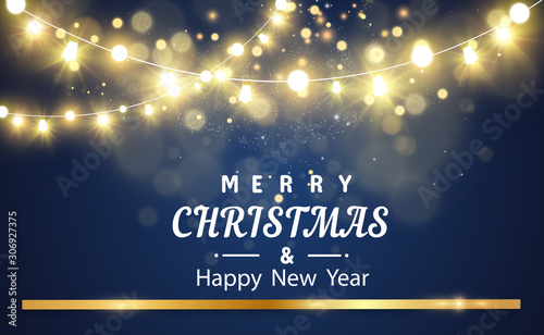 Merry Christmas and happy new year festive realistic background. New year illustration with gift box and golden tinsel.