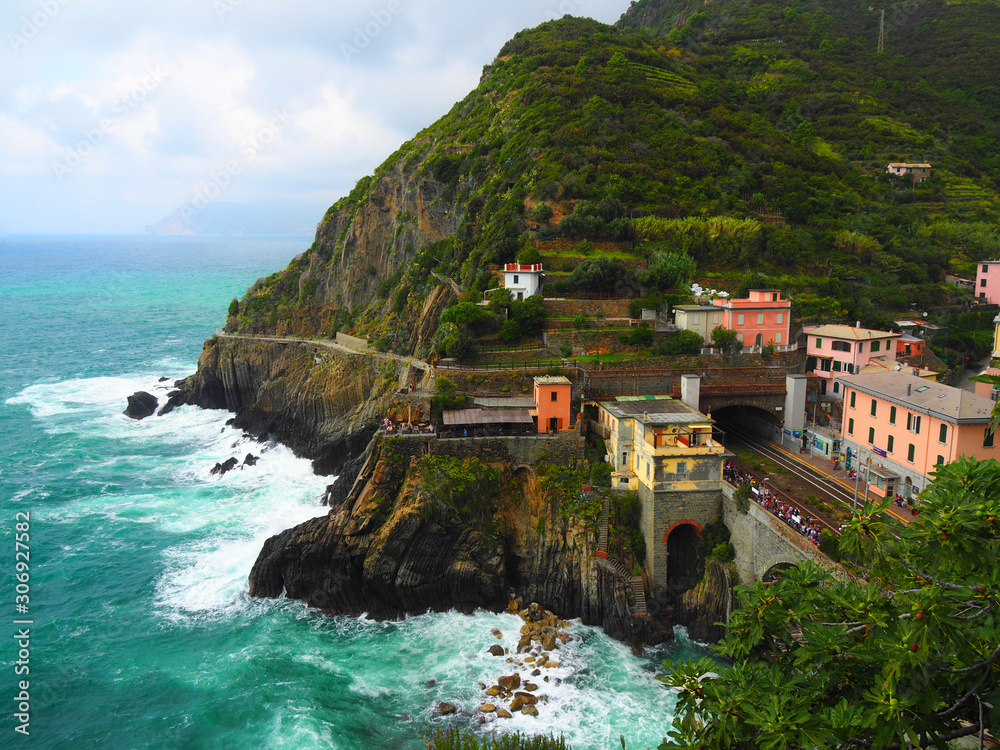 Landscape of the village of Riomaggiore in the province of La Spezia, Liguria, Italy. It belongs to the Cinque Terre National Park.