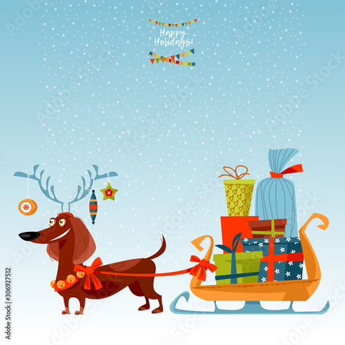 Dachshund dressed as a deer carries a sleigh with Christmas gifts...
