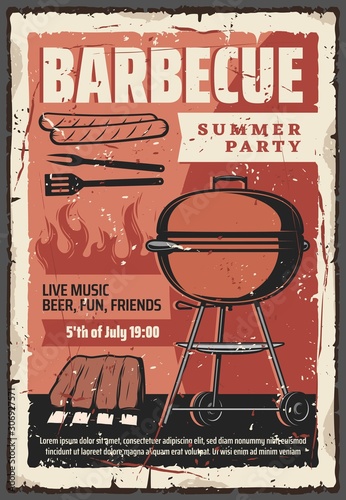 Barbecue summer party vintage retro poster, BBQ grill meat steaks and hot dog sausages. Vector outdoor barbecue picnic party, ribs and hamburgers cooking on charcoal fire