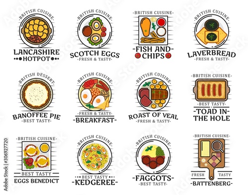 British cuisine food, traditional breakfast, lunch and dinner meals, restaurant cafe menu dishes. Vector English fish and chips, Scotch eggs and banoffee pie with veal roast and Lancashire hotpot