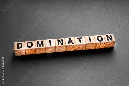 Domination - word from wooden blocks with letters, a powerful and commanding position domination concept, top view gray background