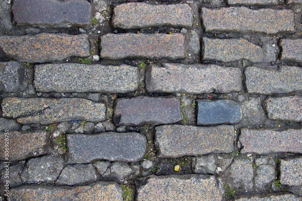 Fototapeta premium An old stoneblock pavement cobbled with rectangular granite blocks with grass between blocks