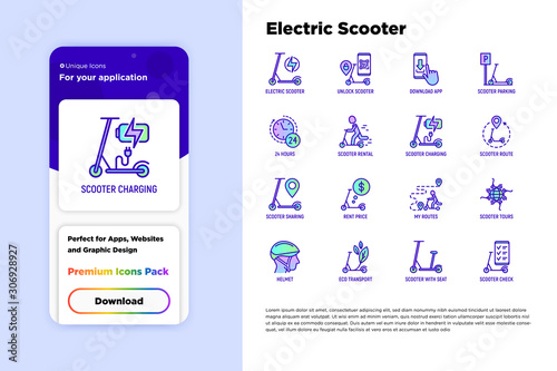 Electric scooter thin line icons set: sharing service, mobile app, QR code, parking, helmet, eco transport, pointer. Modern vector illustration.