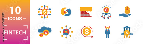 Fintech icon set. Include creative elements online banking, direct payment, fintech, cryptocurrency, fintech industry icons. Can be used for report, presentation, diagram, web design