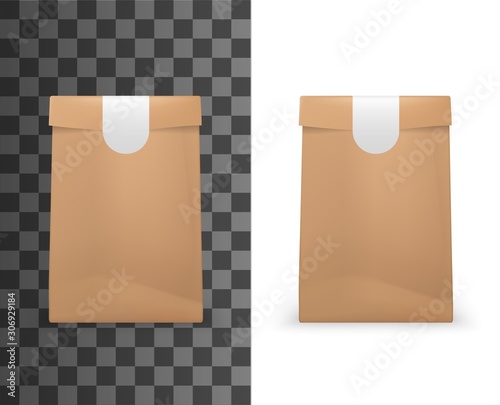 Food paper bag package 3d mockup model template. Vector isolated realistic brown paper bag pouch, folded with sticker label seal, bakery, grocery store or shop and fast food package