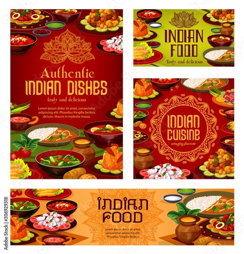 Indian cuisine restaurant menu cover, traditional India food dishes banners and posters. Vector Indian authentic gourmet breakfast and dinner meals of with vegetables and curry rice, meat and fish