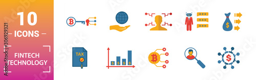 Fintech Technology icon set. Include creative elements basic income, bitcoin technology, online loan, kyc, business model icons. Can be used for report, presentation, diagram, web design