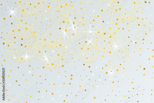 Vector Illustration of Falling golden stars on light background. Golden Stars Confetti. Christmas, New Year celebration holiday background