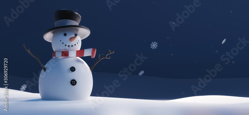 Stylized Snowman on Winter Evening, Cartoon Style, 3D Illustration © Isidora BanovicBelic