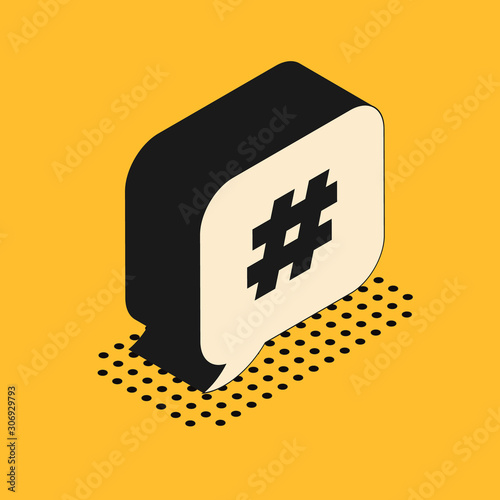 Isometric Hashtag speech bubble icon isolated on yellow background. Concept of number sign, social media marketing, micro blogging. Vector Illustration