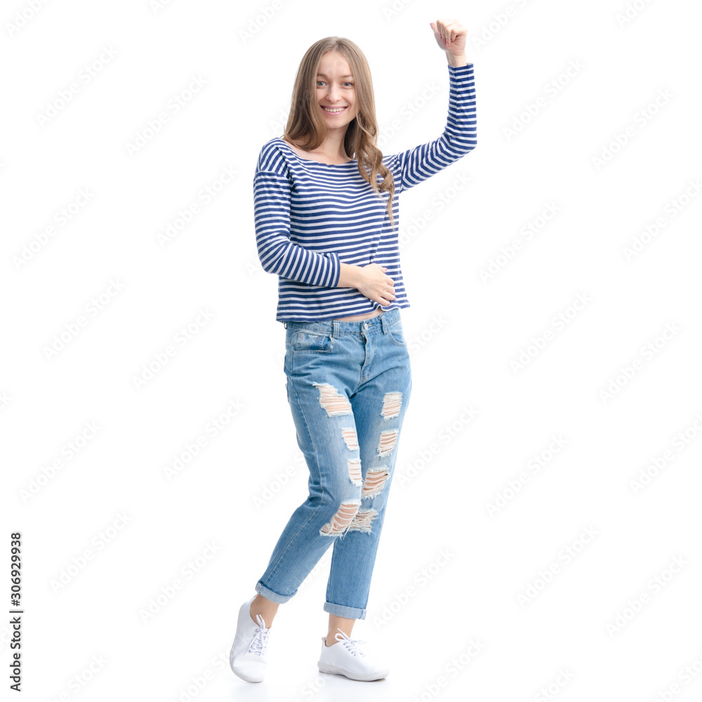 Woman in jeans and vest smile standing showing pointing on white background isolation Woman in jeans and vest smile standing showing pointing on white background isolation