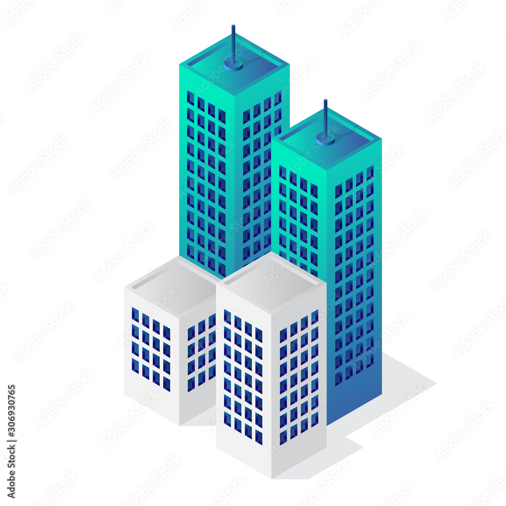 Isometric building 3d icon, city vector illustration template