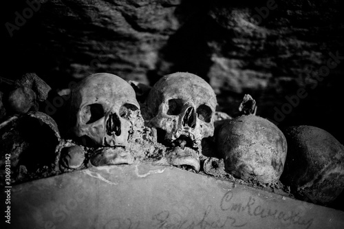 Slika na platnu Skulls and bones in Paris catacombs, France